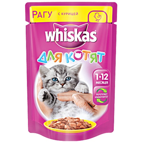Корм для котят "Whiskas" (Вискас) Влажный рацион Рагу с курицей 85г пакет