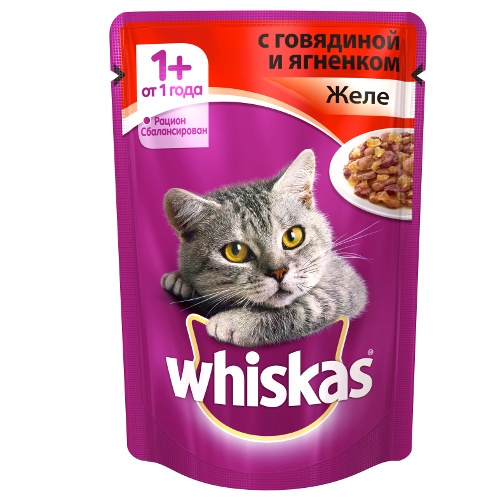 Корм для кошек "Whiskas" (Вискас) Влажный рацион Желе с говядиной и ягненком 85г пакет