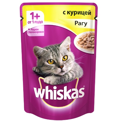 Корм для кошек "Whiskas" (Вискас) Влажный рацион Рагу с курицей 85г пакет