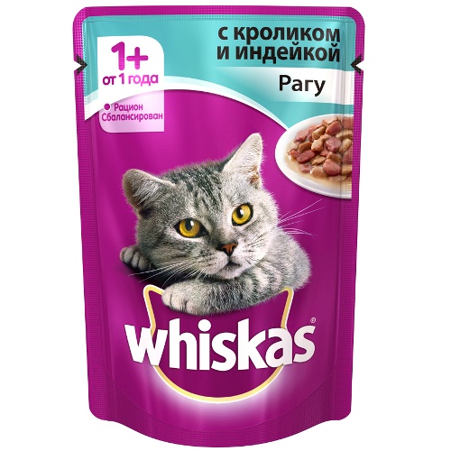 Корм для кошек "Whiskas" (Вискас) Влажный рацион Рагу с кроликом и индейкой 85г пакет