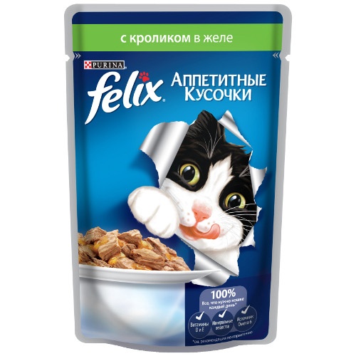Корм для кошек "Felix" (Феликс) Аппетитные кусочки консервы с кроликом в желе 85г пакет