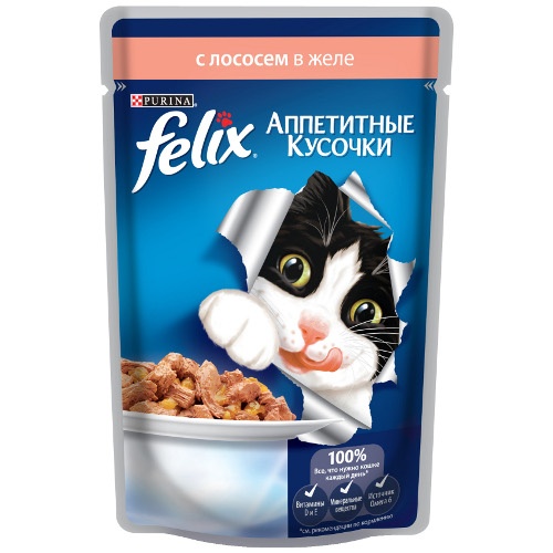 Корм для кошек "Felix" (Феликс) Аппетитные кусочки консервы с лососем в желе 85г пакет