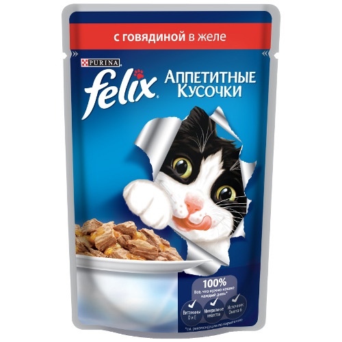 Корм для кошек "Felix" (Феликс) Аппетитные кусочки консервы с говядиной в желе 85г пакет
