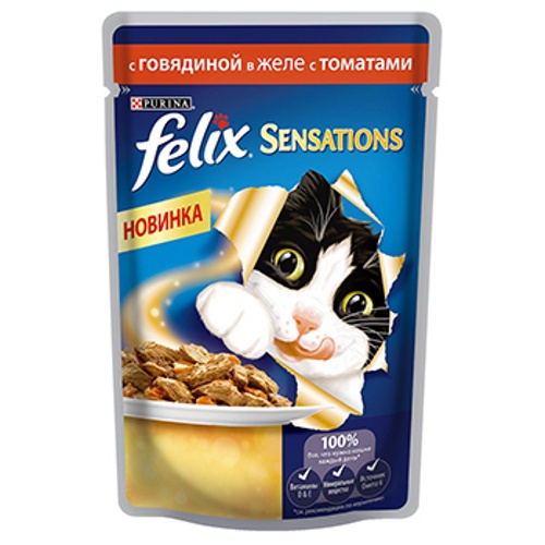 Корм для кошек "Felix" (Феликс) Sensations консервы с говядиной в желе с томатами 85г пакет
