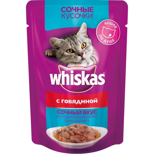 Корм для кошек "Whiskas" (Вискас) Влажный рацион Сочные кусочки с говядиной 85г пакет