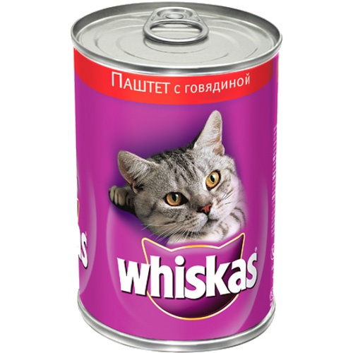 Корм для кошек "Whiskas" (Вискас) Влажный рацион Паштет с говядиной 400г ж/б