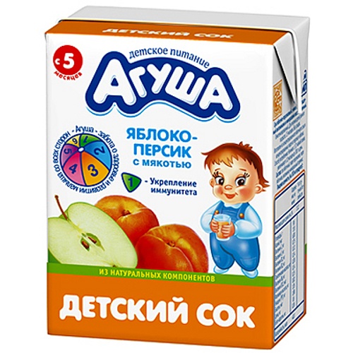 Сок детский "Агуша" яблоко-персик с мякотью с 5-и месяцев 200мл