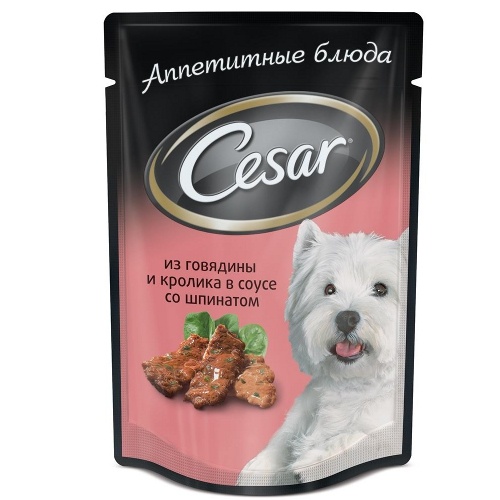 Корм для собак "Cesar" (Цезарь) консервы из говядины кролика в соусе со шпинатом 100г пакет