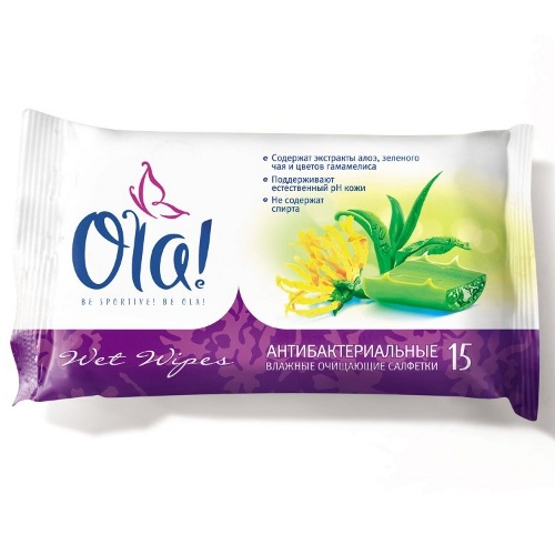 Салфетки влажные "Ola!" (Ола!) очищающие антибактериальные 15шт