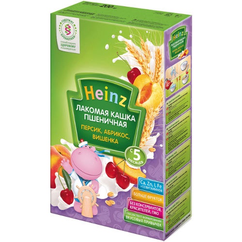 Каша детская "Heinz" (Хайнц) лакомая пшеничная абрикос персик вишня 200г сухая смесь