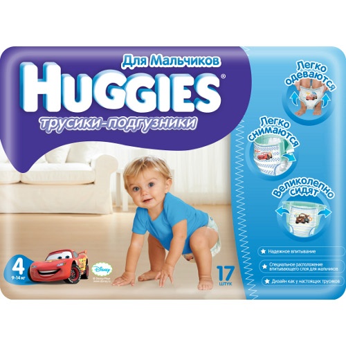 Подгузники-трусики "Huggies" (Хаггис) для мальчиков №4 (9-14кг) 17шт