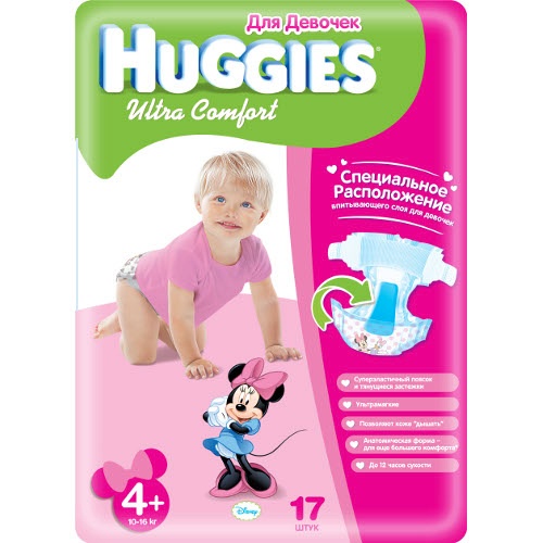 Подгузники "Huggies" (Хаггис) Ultra Comfort для девочек №4+ (10-16кг) 17шт
