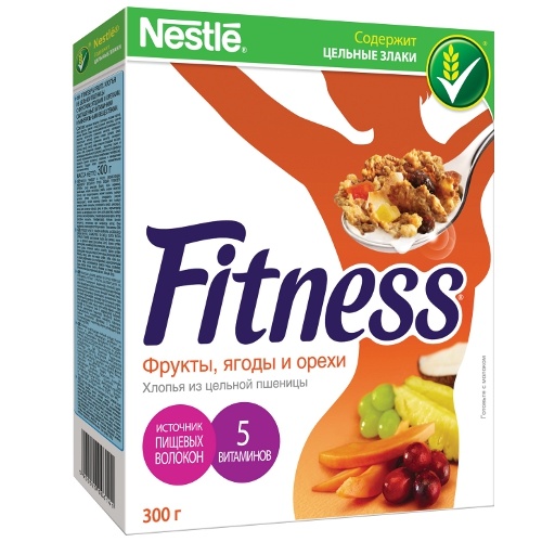 Готовый завтрак "Nestle Fitness" (Нестле Фитнес) пшеничные хлопья с фруктами ягодами орехами 300г