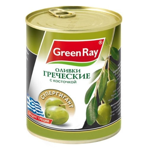 Оливки "Green Ray" (Грин Рэй) зеленые греческие с косточкой Супергигпнт 820г ж/б