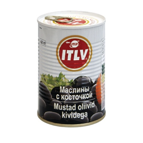 Маслины "Itlv" (Итлв) черные с косточкой ж/б 390г Испания