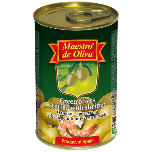 Оливки "Maestro de Oliva" (Маэстро де олива) крупные с креветками (ж/б)