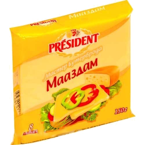 Сыр плавленый "President" (Президент) Мастер Бутерброда мааздам 40% 150г 8-ломтиков