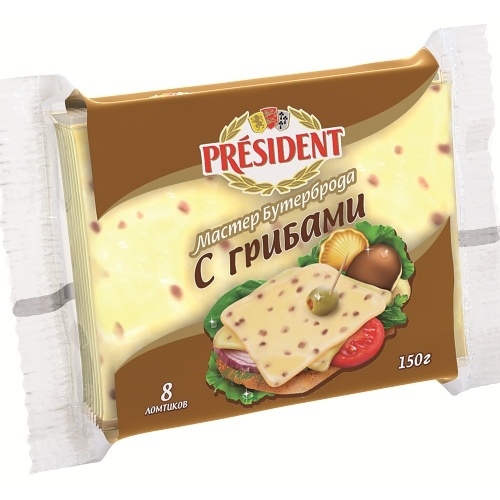 Сыр плавленый "President" (Президент) Мастер Бутерброда с грибами 40% 150г 8-ломтиков