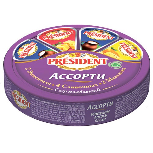 Сыр плавленый "President" (Президент) Ассорти (2-эмменталя 4-сливочных 2-мааздам) 45% 140г порционный