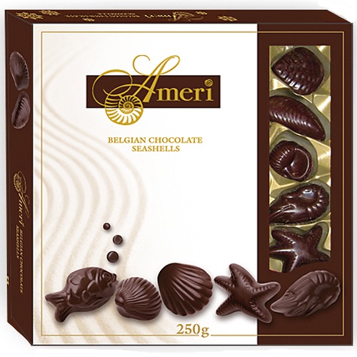Конфеты шоколадные "Ameri" (Амери) ракушки из темного шоколада с шоколадно-кремовой начинкой 250г коробка Бельгия