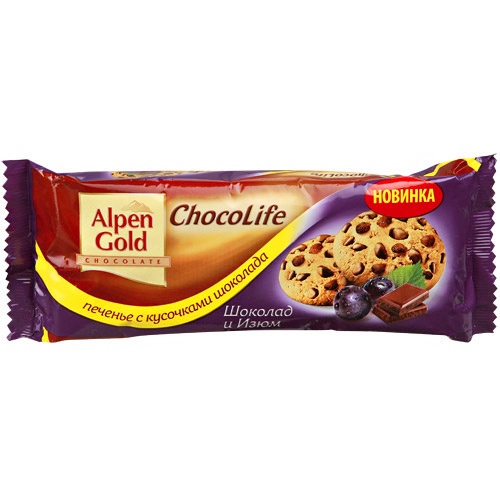 Печенье "Alpen Gold" (Альпен Гольд) Chocolife с кусочками молочного шоколада и изюмом 135г