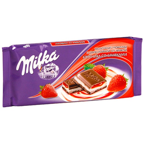 Шоколад "Milka" (Милка) молочный с двухслойной начинкой клубника со сливками 90г