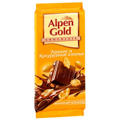 Шоколад "Alpen Gold" (Альпен Гольд) молочный с арахисом и кукурузными хлопьями 90г