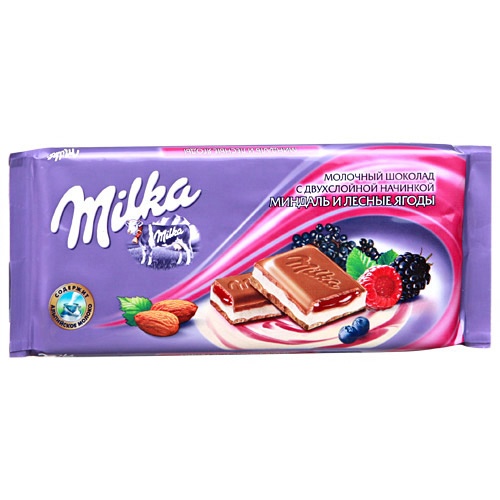 Шоколад "Milka" (Милка) молочный с двухслойной начинкой миндальная и лесные ягоды 90г