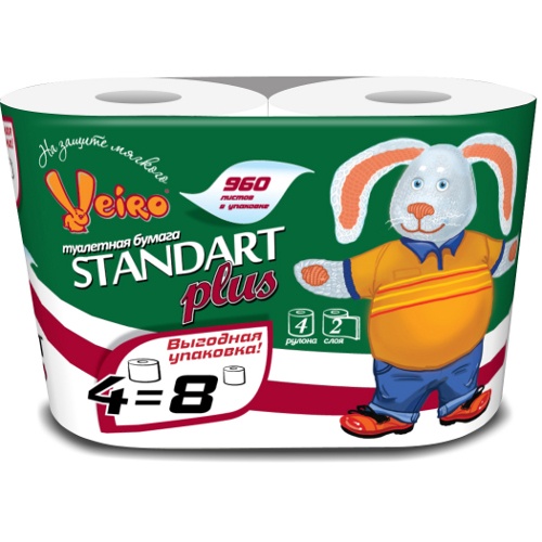 Туалетная бумага "Linia Veiro" (Линия Вейро) Standart Plus 100% целюлоза 2-слоя 4-рулона 960л