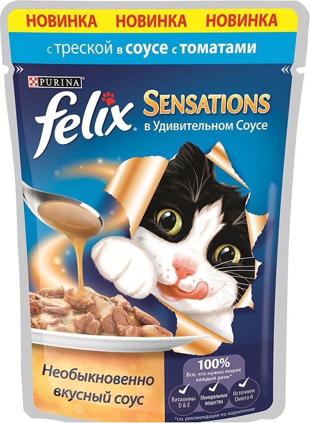 Корм Felix Sensations для кошек треска в соусе с томатами