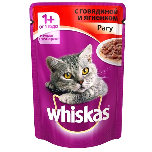 Корм для кошек "Whiskas" (Вискас) Влажный рацион Рагу с говядиной и ягненком 85г пакет