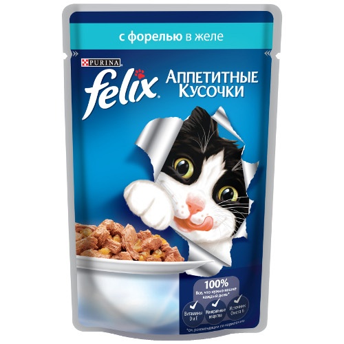 Корм для кошек "Felix" (Феликс) Аппетитные кусочки консервы с форелью в желе 85г пакет