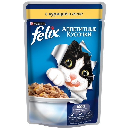 Корм для кошек "Felix" (Феликс) Аппетитные кусочки консервы с курицей в желе 85г пакет