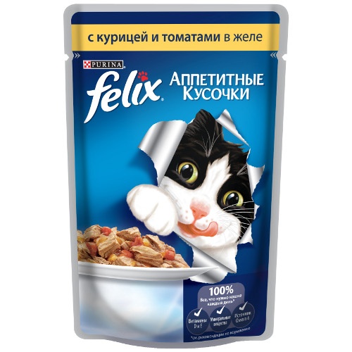 Корм для кошек "Felix" (Феликс) Аппетитные кусочки консервы с курицей и томатами в желе 85г пакет