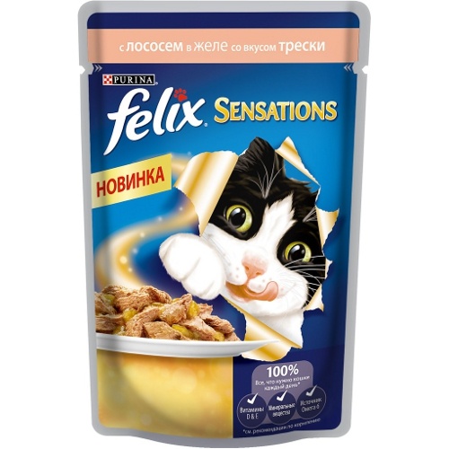 Корм для кошек "Felix" (Феликс) Sensations консервы с лососем в желе со вкусом трески 85г пакет