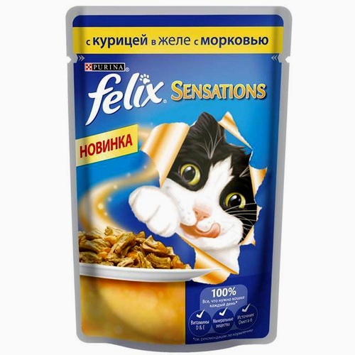 Корм для кошек "Felix" (Феликс) Sensations консервы с курицей и морковью в желе 85г пакет