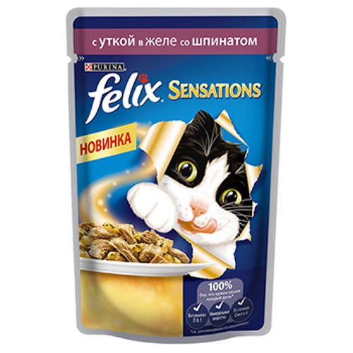 Корм для кошек "Felix" (Феликс) Sensations консервы с уткой в желе со шпинатом 85г пакет