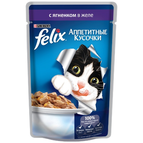 Корм для кошек "Felix" (Феликс) Аппетитные кусочки консервы с ягненком в желе 85г пакет