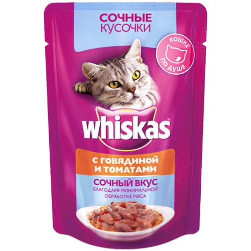 Корм для кошек "Whiskas" (Вискас) Влажный рацион Сочные кусочки с говядиной и томатами 85г пакет