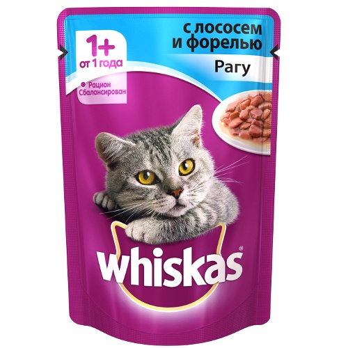 Корм для кошек "Whiskas" (Вискас) Влажный рацион Рагу с лососем и форелью 85г пакет