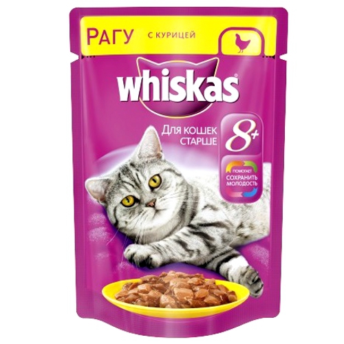 Корм для кошек "Whiskas" (Вискас) Влажный рацион 8+ Рагу с курицей 85г пакет