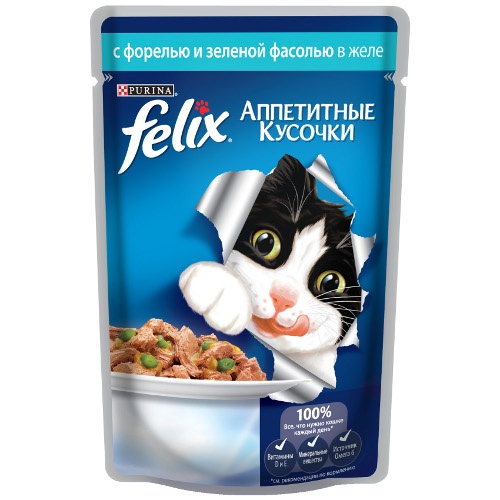 Корм для кошек "Felix" (Феликс) Аппетитные кусочки консервы с форелью и зеленой фасолью в желе 85г пакет