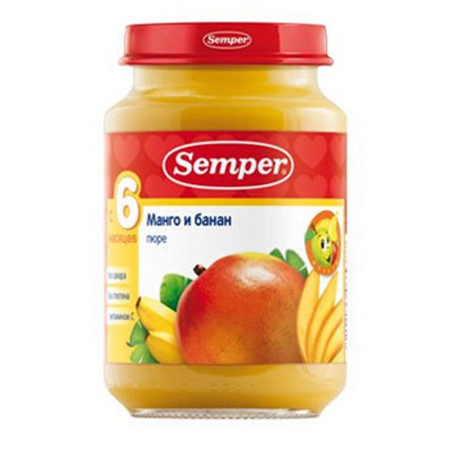 Пюре детское фруктовое "Semper" (Семпер) бананы и манго без сахара с витамином С 190г ст.банка