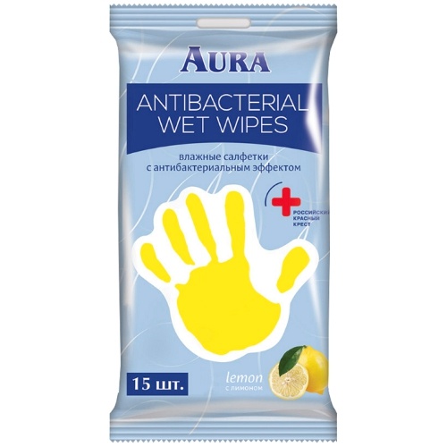 Салфетки влажные "Aura" (Аура) антибактериальные 15шт со стрикером "рука"
