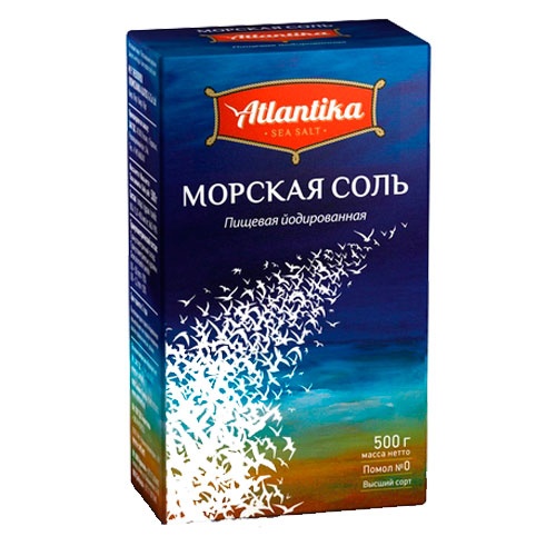 Соль пищевая "Атлантика" морская йодированная мелкая 500г карт.коробка