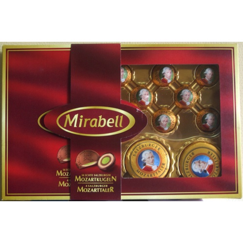 Конфеты шоколадные Mirabell MozartkugelN MozarttaleR со светлым и темным пралине и марципановой начинкой 319г коробка
