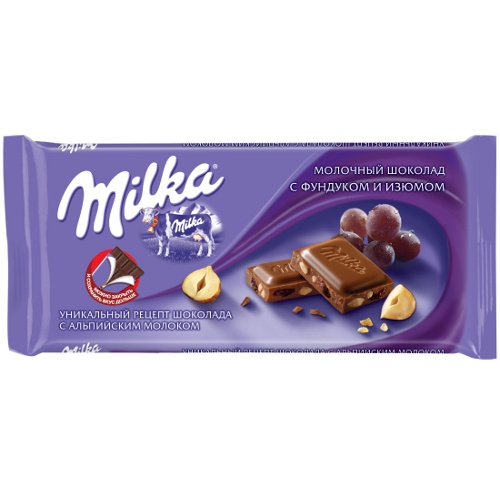 Шоколад "Milka" (Милка) молочный с изюмом и лесным орехом 100г Россия