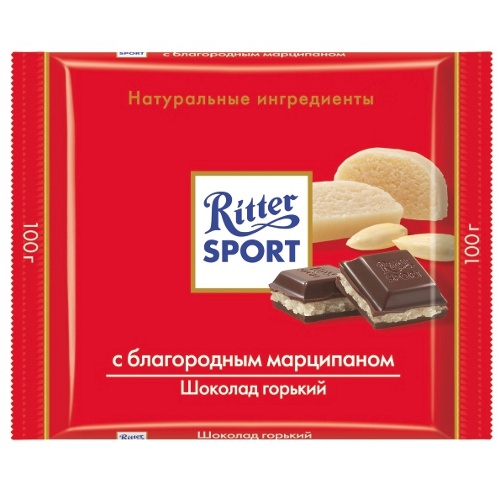 Шоколад "Ritter Sport" (Риттер Спорт) горький с марципаном 100г