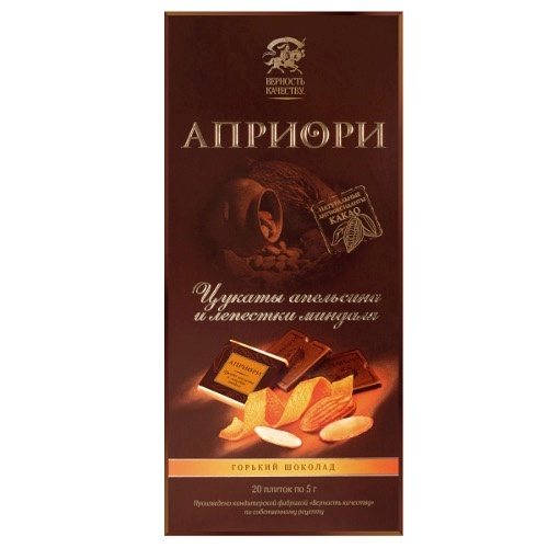 Шоколад "Верность Качеству" Априори горький с цукатами апельсина и лепестками миндаля 100г