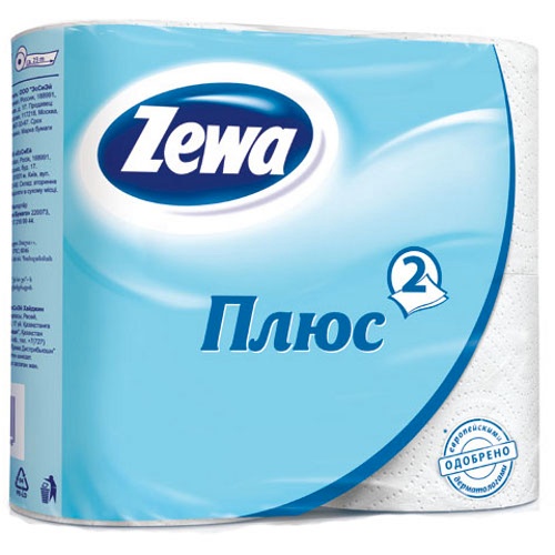 Туалетная бумага "Zewa" (Зева) Плюс белая 2-слойная 4шт Россия
